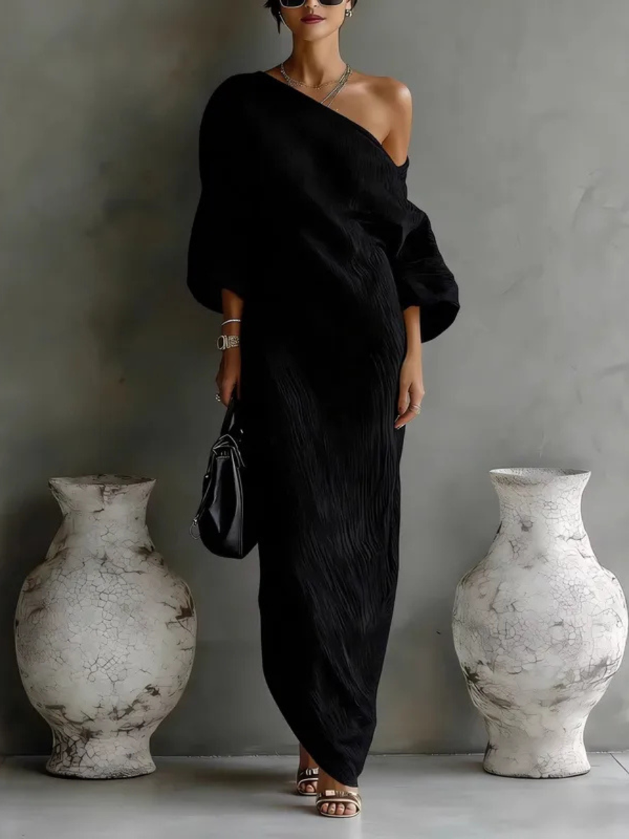 Eufemia — elegancka sukienka maxi na jedno ramię, kolor Czarny