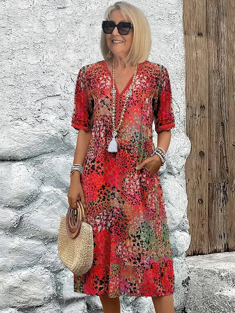 Michalina — sukienka midi w kwiaty, kolor Czerwony